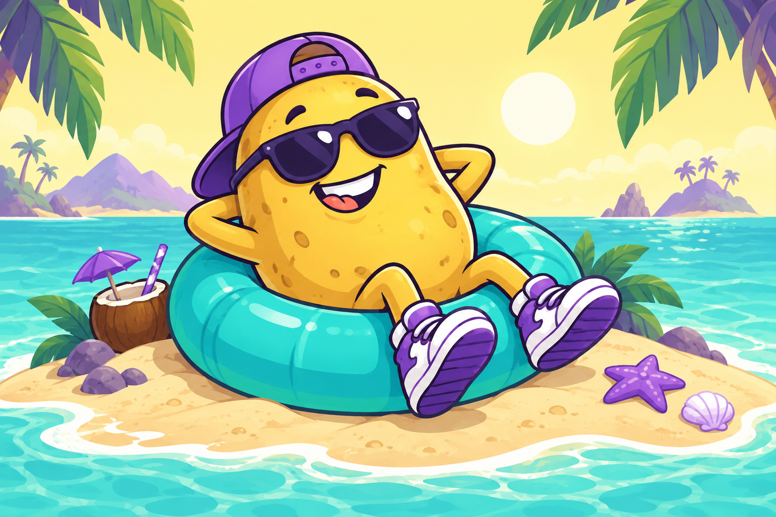 POTTAN, a sunglasses-wearing potato in a backwards purple cap, floating in a turquoise ring on a tropical island